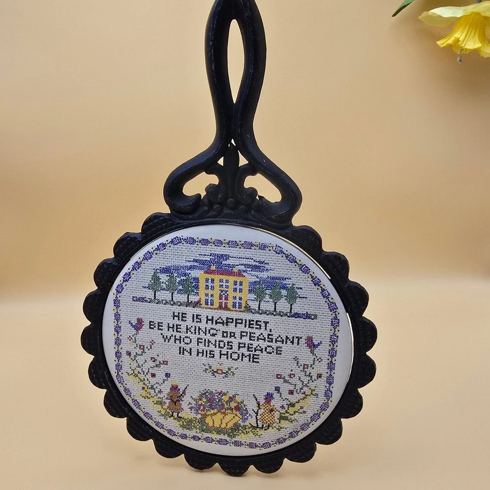 Vintage Cast Iron‎ Trivet Ceramic Insert Home Quote Cross Stitch Style Black